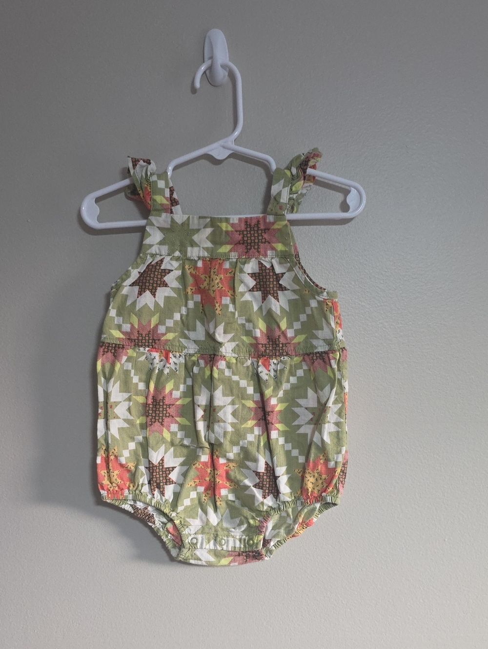 Cat & Jack Green Floral Patchwork Romper with Coral Accents